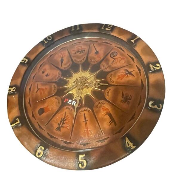 VTG CLOCK LEATHER WALL PERUVIAN NAZCA LINES BOHO RUSTIC RARE - Picture 10 of 10